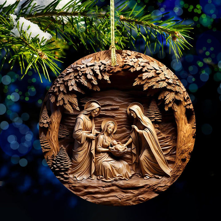 Christianartworkshop Ornements suspendus de la Nativité représentant la Sainte Famille, dans des tons de bois chaud - Céramique - image 0