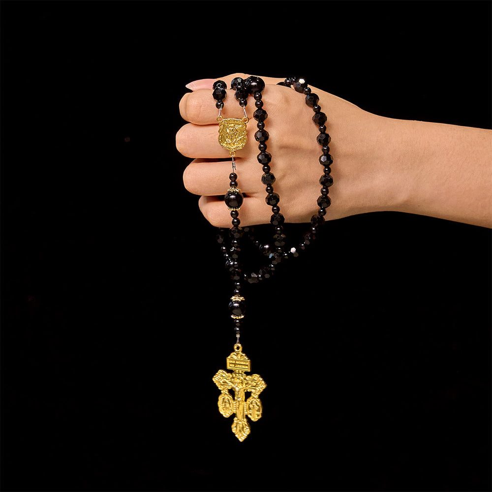 Christianartworkshop Crucifix de Saint Michel et du Pardon en perles noires facettées, chapelet fait main - image 1