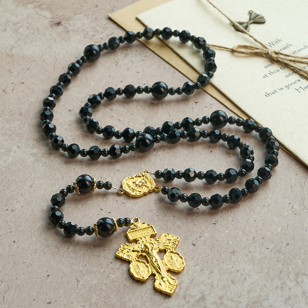 Christianartworkshop Crucifix de Saint Michel et du Pardon en perles noires facettées, chapelet fait main - image 4
