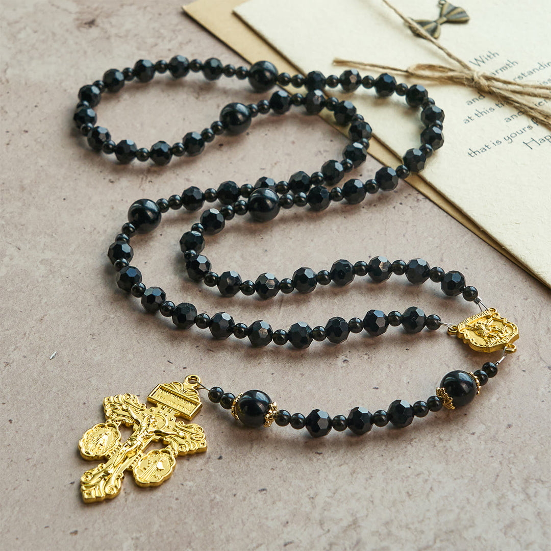 Christianartworkshop Crucifix de Saint Michel et du Pardon en perles noires facettées, chapelet fait main - image 5