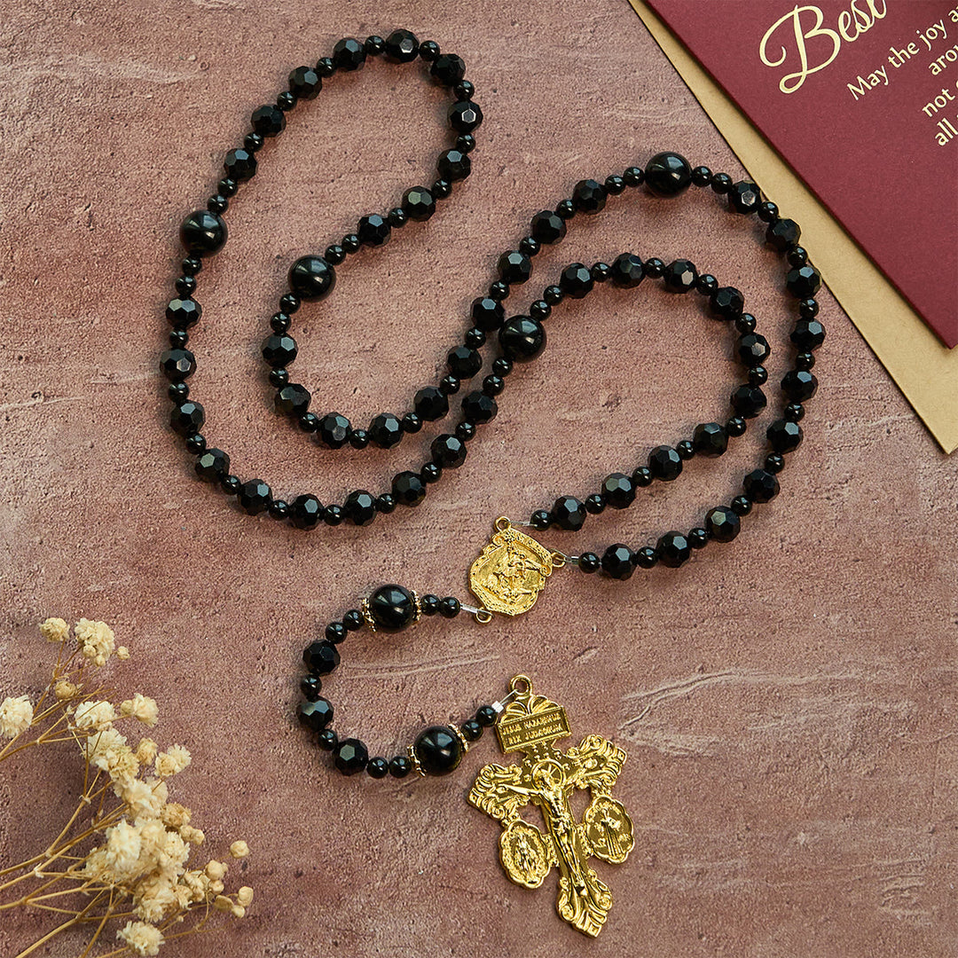 Christianartworkshop Crucifix de Saint Michel et du Pardon en perles noires facettées, chapelet fait main - Crucifix de Saint Michel et du Pardon - image 0