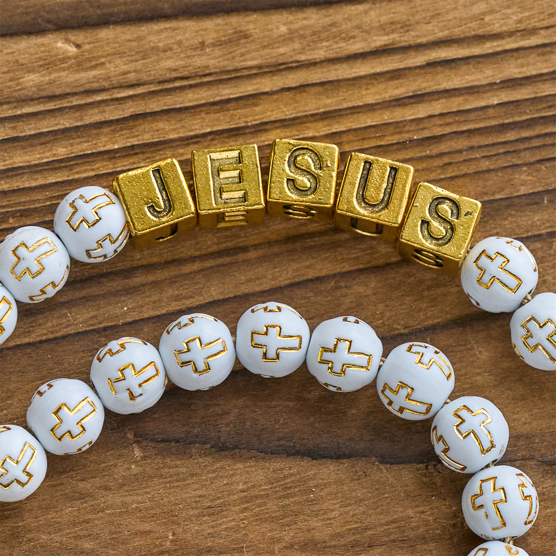 Christianartworkshop Chapelet de prière en ivoire doré avec croix, orné de la croix de saint Michel et d'une lettre personnalisée « Jésus ». - image 9