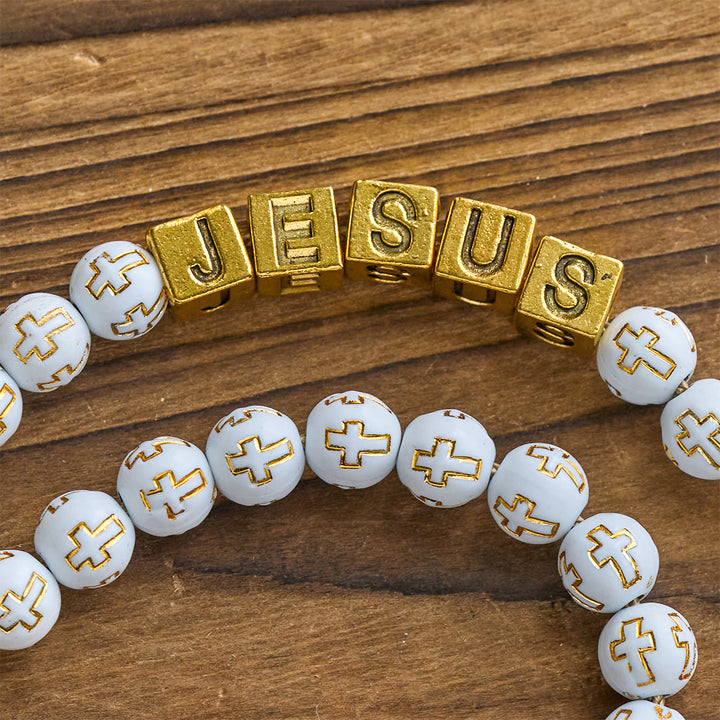 Christianartworkshop Chapelet de prière en ivoire doré avec croix, orné de la croix de saint Michel et d'une lettre personnalisée « Jésus ». - image 9