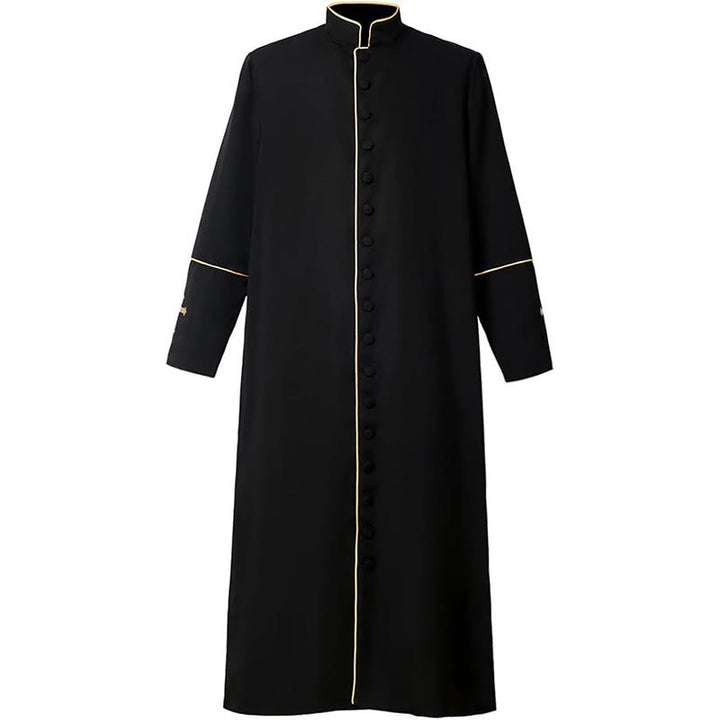 Christianartworkshop Robe de clergé noire de style médiéval, couleurs assorties et détails de croix - Noir avec rayures dorées - 3XL - image 1