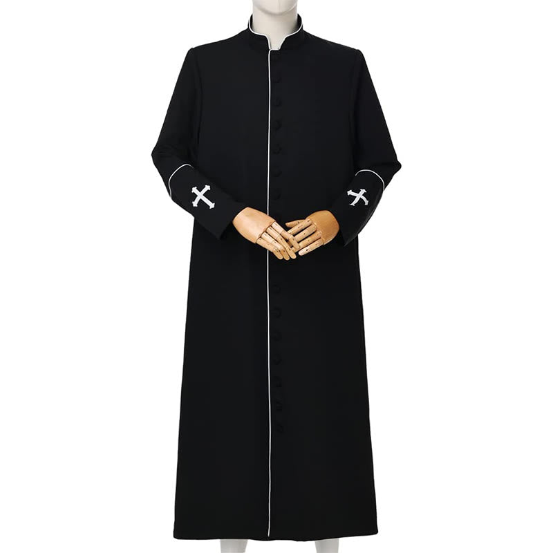 Christianartworkshop Robe de clergé noire de style médiéval, couleurs assorties et détails de croix - Noir à rayures blanches - 3XL - image 2