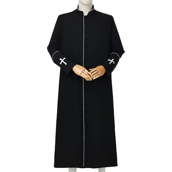 Christianartworkshop Robe de clergé noire de style médiéval, couleurs assorties et détails de croix - Noir à rayures blanches - 3XL - image 2