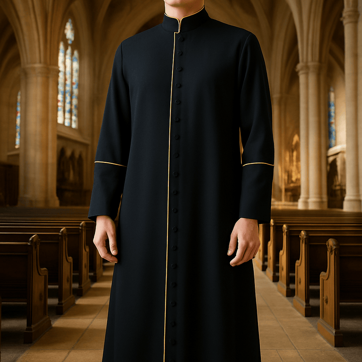 Christianartworkshop Robe de clergé noire de style médiéval, couleurs assorties et détails de croix - image 0
