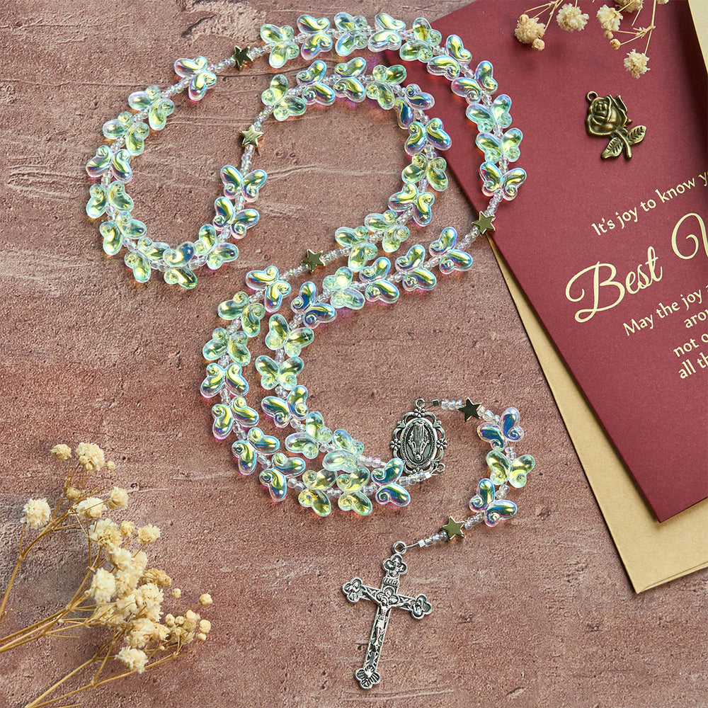 Christianartworkshop Papillon vert scintillant sous un ciel étoilé, avec chapelet animal à médaille miraculeuse - image 1