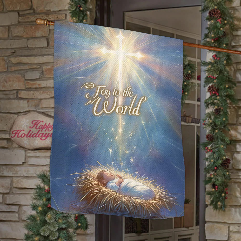 Christianartworkshop Drapeau de jardin bleu « Joie au monde » avec croix lumineuse - 90×150cm (3×5 pi) - image 0