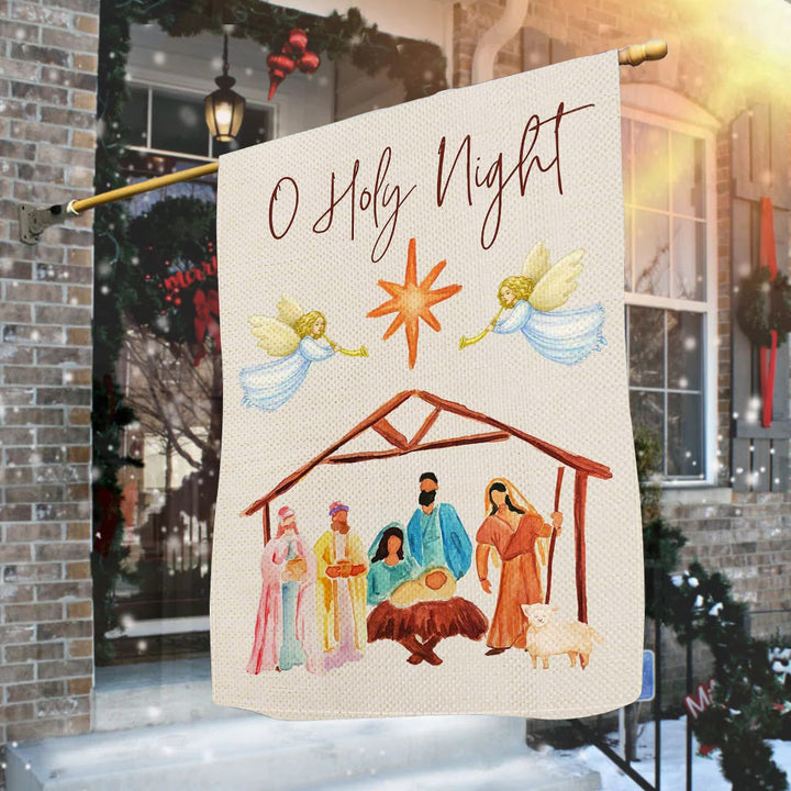 Christianartworkshop Anges jouant du cor Ô Sainte Nuit Drapeau de jardin de la Nativité - 90×150cm (3×5 pi) - image 0
