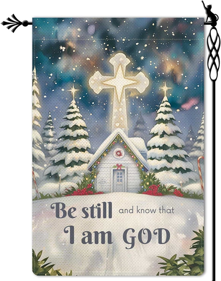Christianartworkshop Drapeau de jardin d'église avec scène d'hiver enneigée - Soyez tranquilles et sachez que je suis Dieu - image 6