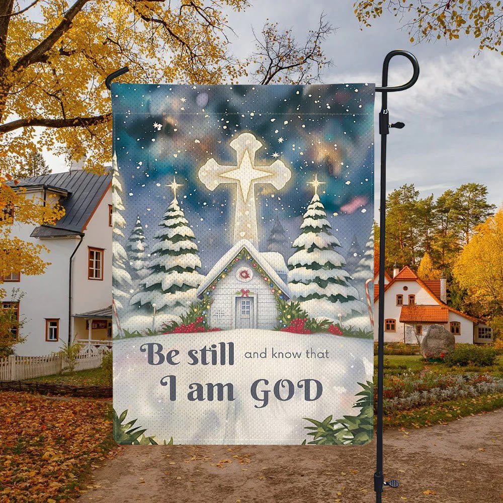 Christianartworkshop Drapeau de jardin d'église avec scène d'hiver enneigée - Soyez tranquilles et sachez que je suis Dieu - image 4
