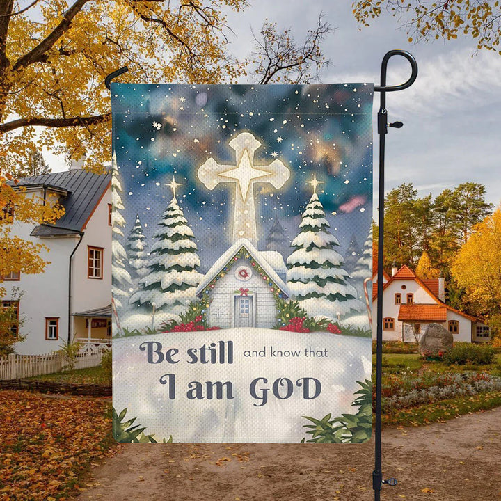 Christianartworkshop Drapeau de jardin d'église avec scène d'hiver enneigée - Soyez tranquilles et sachez que je suis Dieu - image 4