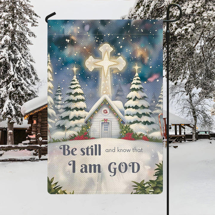 Christianartworkshop Drapeau de jardin d'église avec scène d'hiver enneigée - Soyez tranquilles et sachez que je suis Dieu - image 3