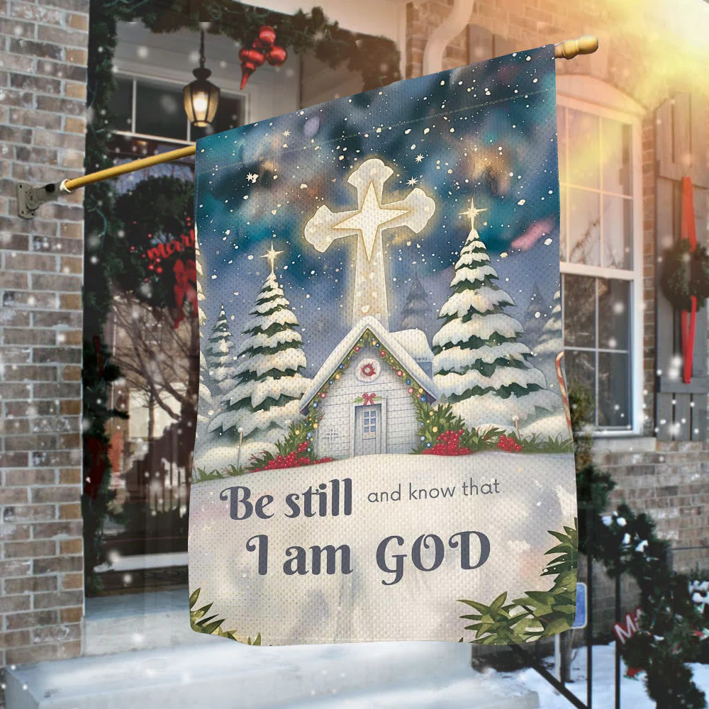 Christianartworkshop Drapeau de jardin d'église avec scène d'hiver enneigée - Soyez tranquilles et sachez que je suis Dieu - image 1