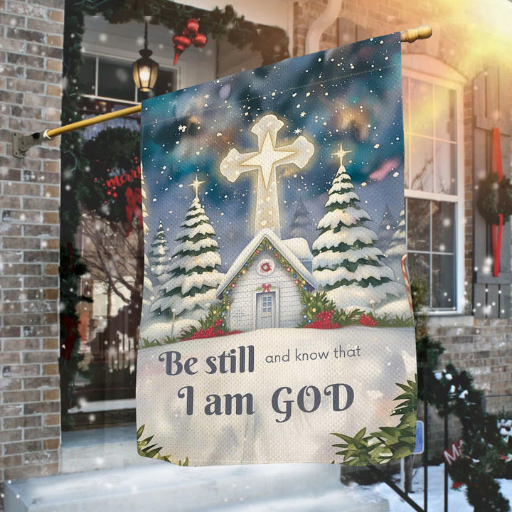 Christianartworkshop Drapeau de jardin d'église avec scène d'hiver enneigée - Soyez tranquilles et sachez que je suis Dieu - image 1