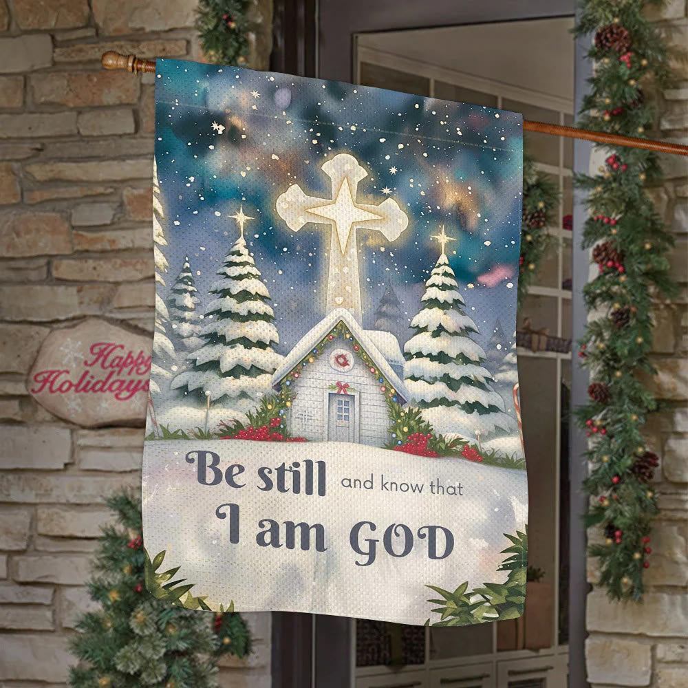 Christianartworkshop Drapeau de jardin d'église avec scène d'hiver enneigée - Soyez tranquilles et sachez que je suis Dieu - image 2