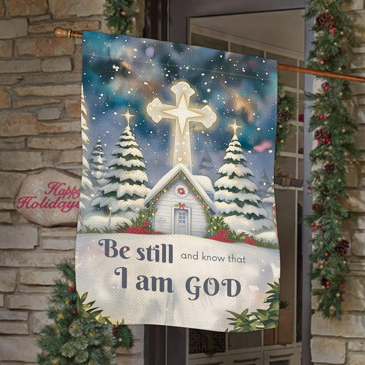 Christianartworkshop Drapeau de jardin d'église avec scène d'hiver enneigée - Soyez tranquilles et sachez que je suis Dieu - image 2