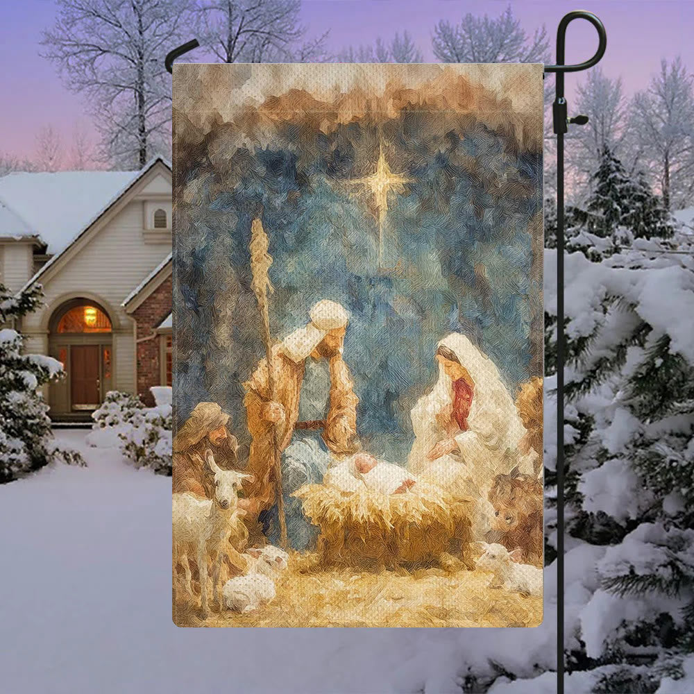 Christianartworkshop Drapeau de crèche aux tons doux : Sainte Famille, animaux et étoile - 90×150cm (3×5 pi) - image 0