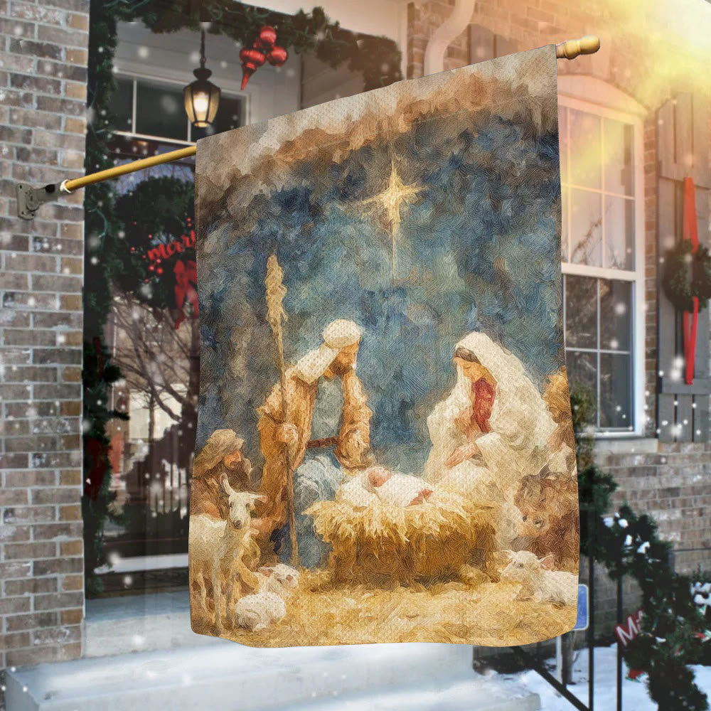 Christianartworkshop Drapeau de crèche aux tons doux : Sainte Famille, animaux et étoile - image 2