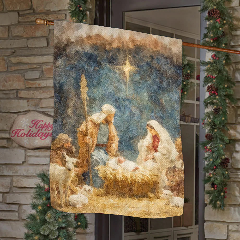 Christianartworkshop Drapeau de crèche aux tons doux : Sainte Famille, animaux et étoile - image 1