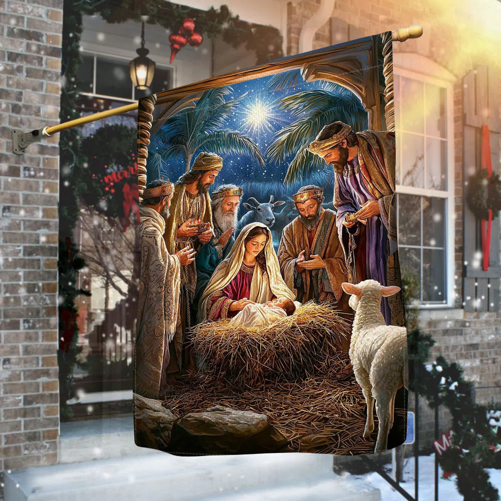 Christianartworkshop Drapeau de crèche « Ambiance sacrée » : Les Rois mages et l'Enfant Jésus - image 1
