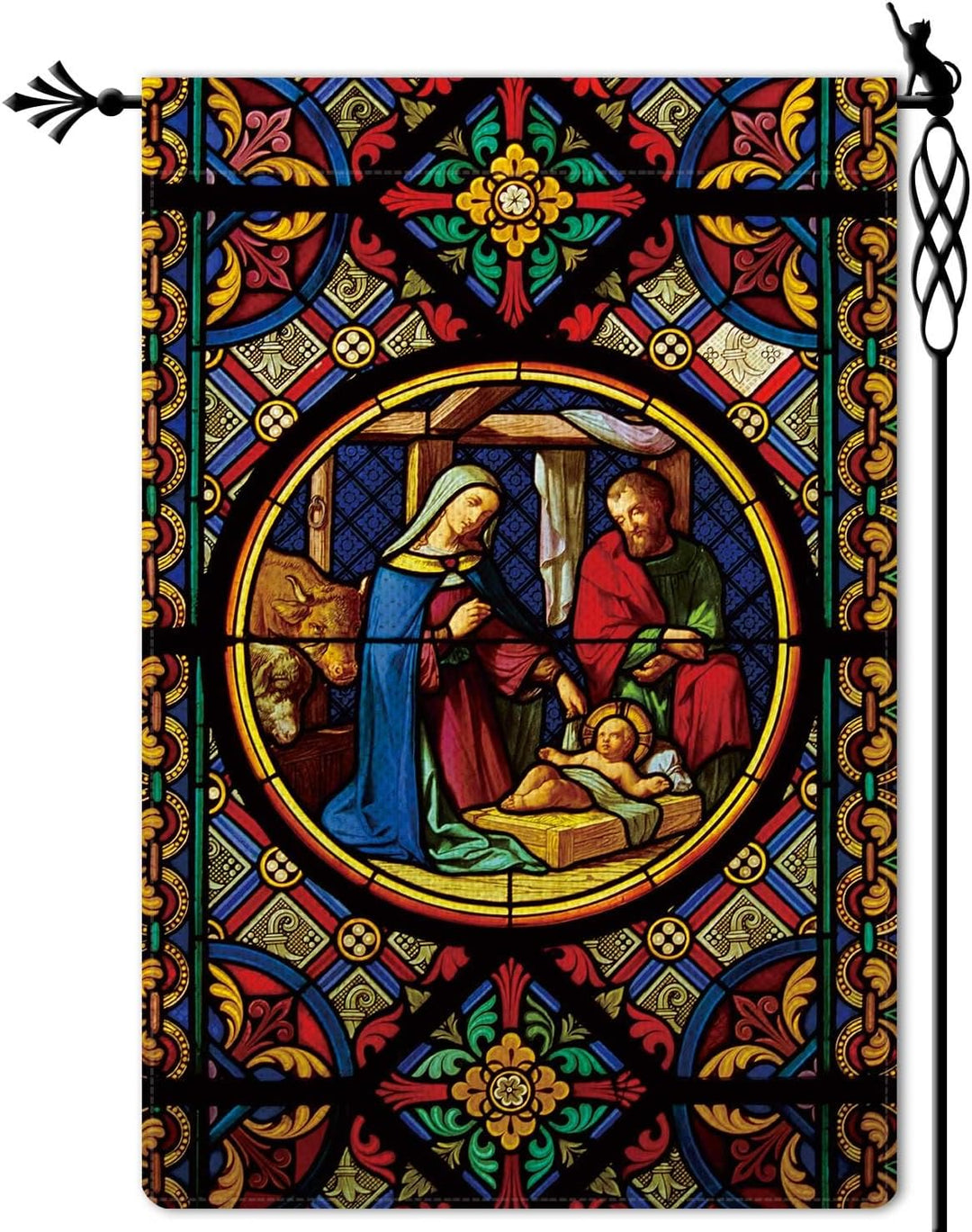 Christianartworkshop Drapeau de jardin orné et teinté représentant la Sainte Famille et les couleurs divines, sur le thème de la Nativité. - image 6