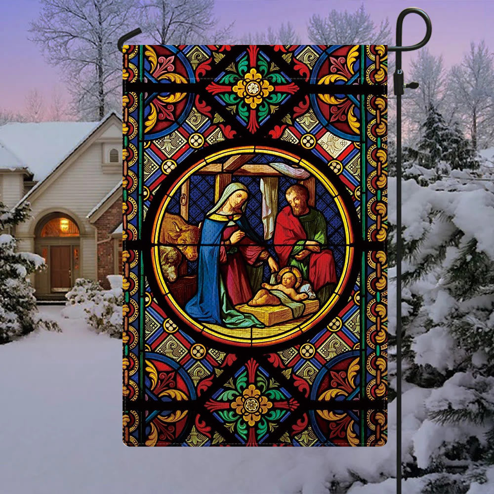 Christianartworkshop Drapeau de jardin orné et teinté représentant la Sainte Famille et les couleurs divines, sur le thème de la Nativité. - image 2