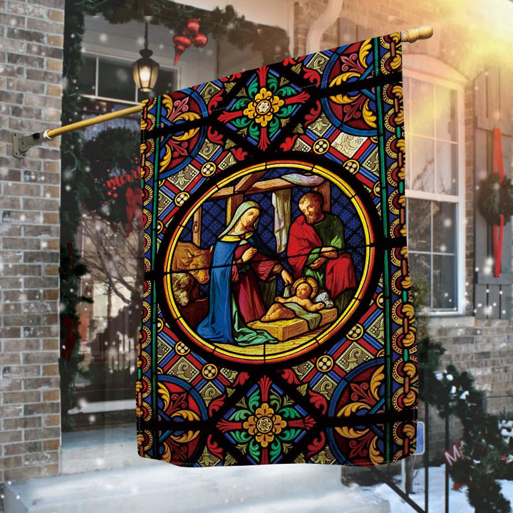 Christianartworkshop Drapeau de jardin orné et teinté représentant la Sainte Famille et les couleurs divines, sur le thème de la Nativité. - image 1