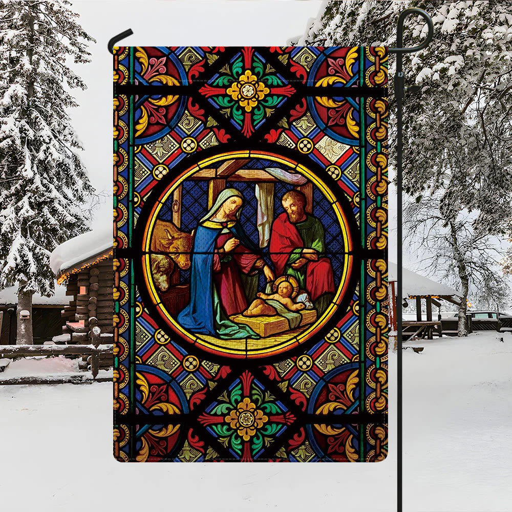 Christianartworkshop Drapeau de jardin orné et teinté représentant la Sainte Famille et les couleurs divines, sur le thème de la Nativité. - image 3