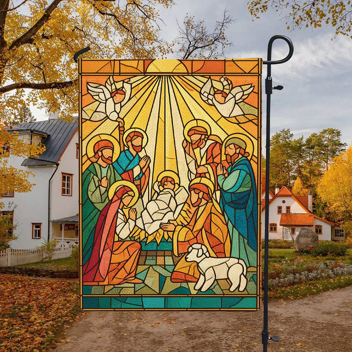 Christianartworkshop Drapeau de jardin de la Nativité aux couleurs éclatantes - Scène lumineuse de Noël et de foi - 90×150cm (3×5 pi) - image 0
