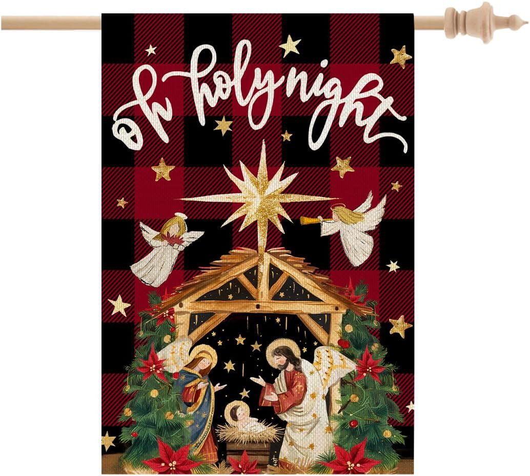 Christianartworkshop Drapeau de jardin traditionnel à carreaux Buffalo « O Holy Night » avec des anges - image 6