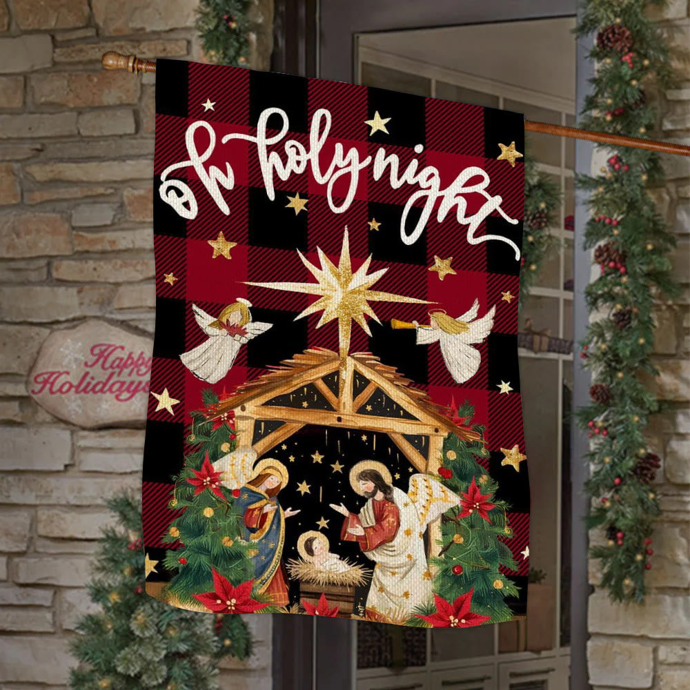 Christianartworkshop Drapeau de jardin traditionnel à carreaux Buffalo « O Holy Night » avec des anges - image 1