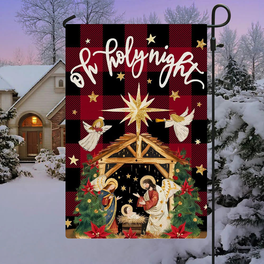 Christianartworkshop Drapeau de jardin traditionnel à carreaux Buffalo « O Holy Night » avec des anges - image 2