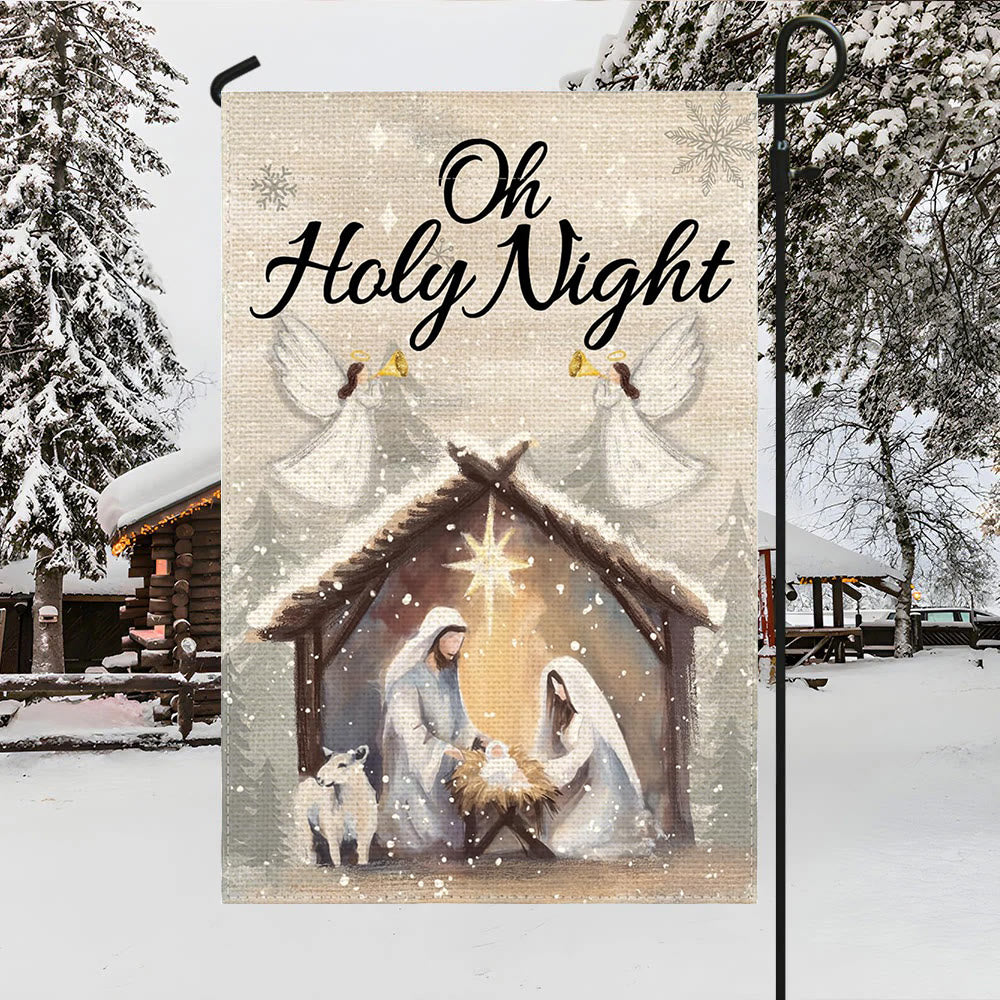 Christianartworkshop Crèche enneigée « Oh Holy Night » - Scène de Noël empreinte de foi - 90×150cm (3×5 pi) - image 0
