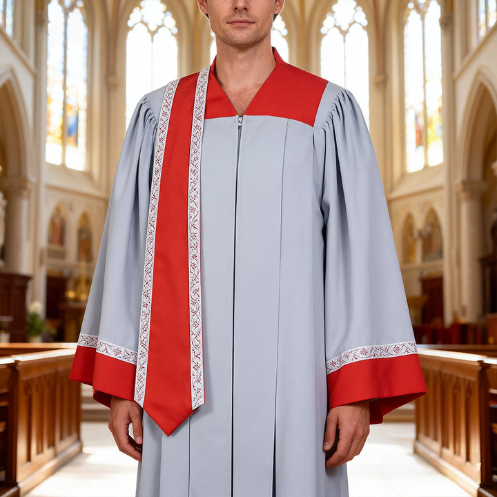 Christianartworkshop Robe de clergé pour cérémonie sacrée - Grise et rouge avec détails délicats - Gris à rayures rouges - 3XL - image 0