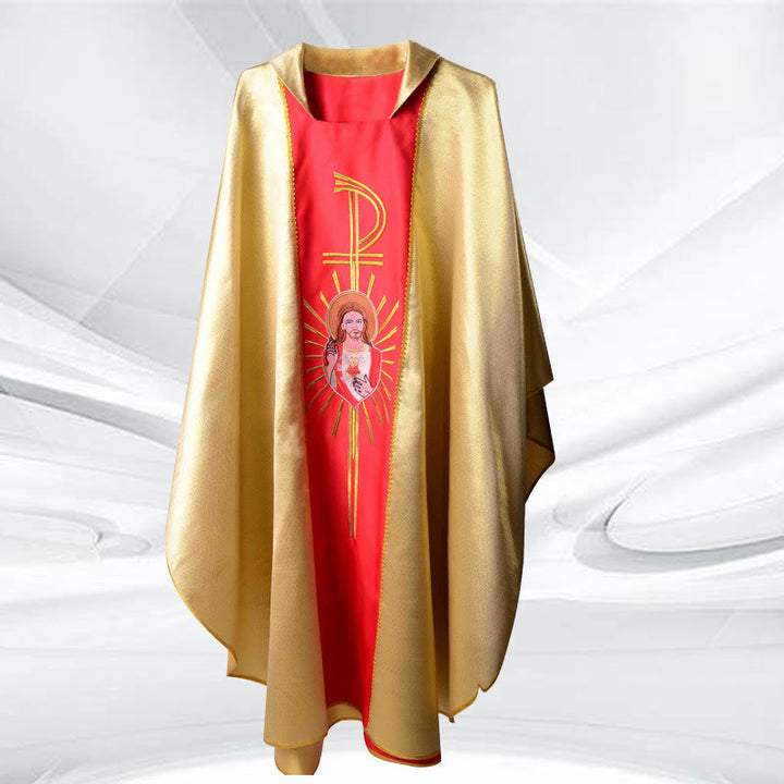 Christianartworkshop Chasuble haut de gamme en argent, blanc/bleu et or/rouge avec motifs thématiques - Doré et rouge - Taille unique convenant à la plupart des personnes - image 1