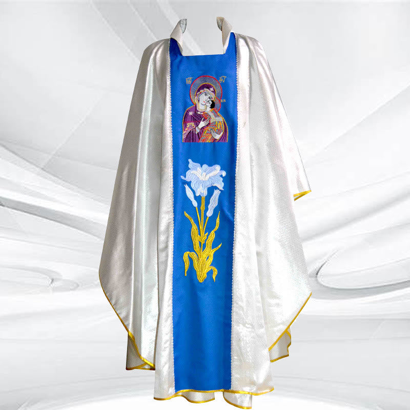 Christianartworkshop Chasuble haut de gamme en argent, blanc/bleu et or/rouge avec motifs thématiques - Blanc et bleu - Taille unique convenant à la plupart des personnes - image 0