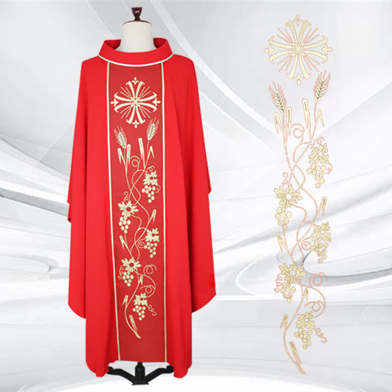 Christianartworkshop Chasuble multicolore ornée de croix, de calice et de motifs de blé et de raisin - Rouge - Taille unique convenant à la plupart des personnes - image 1