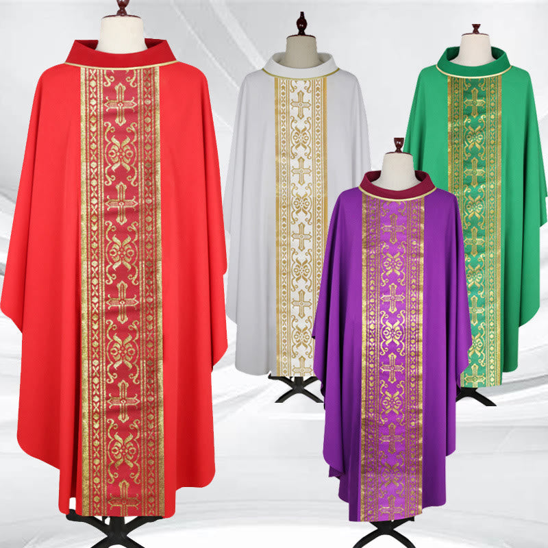 Christianartworkshop Ensemble de chasubles de couleurs assorties avec croix dorée et bandes ornementées - Rouge - Taille unique convenant à la plupart des personnes - image 0