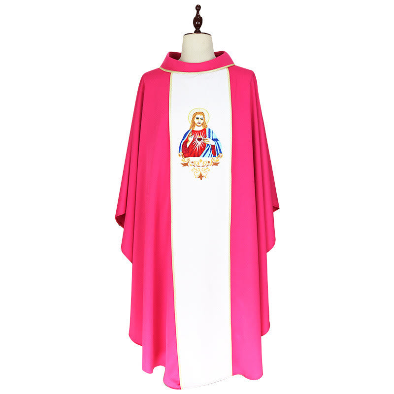 Christianartworkshop Chasuble rose vif avec empiècement blanc et motif du Sacré-Cœur - Rose et blanc - Taille unique convenant à la plupart des personnes - image 0