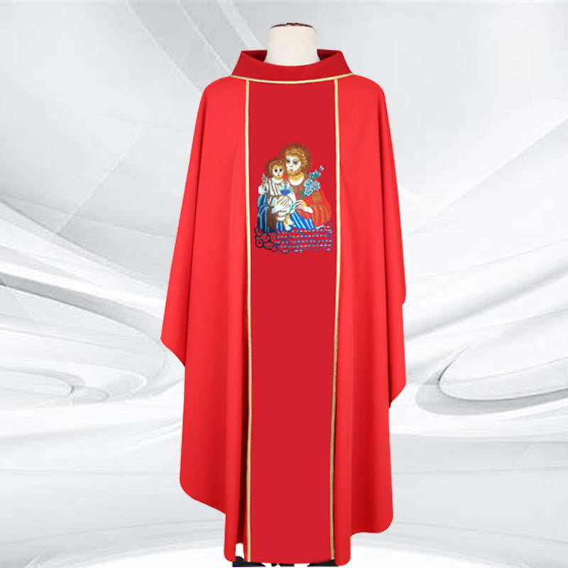 Christianartworkshop Chasuble multicolore à motif de Marie et Jésus et bordure dorée - image 1