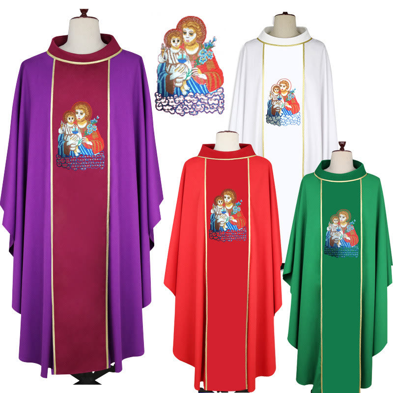 Christianartworkshop Chasuble multicolore à motif de Marie et Jésus et bordure dorée - Rouge - Taille unique convenant à la plupart des personnes - image 0