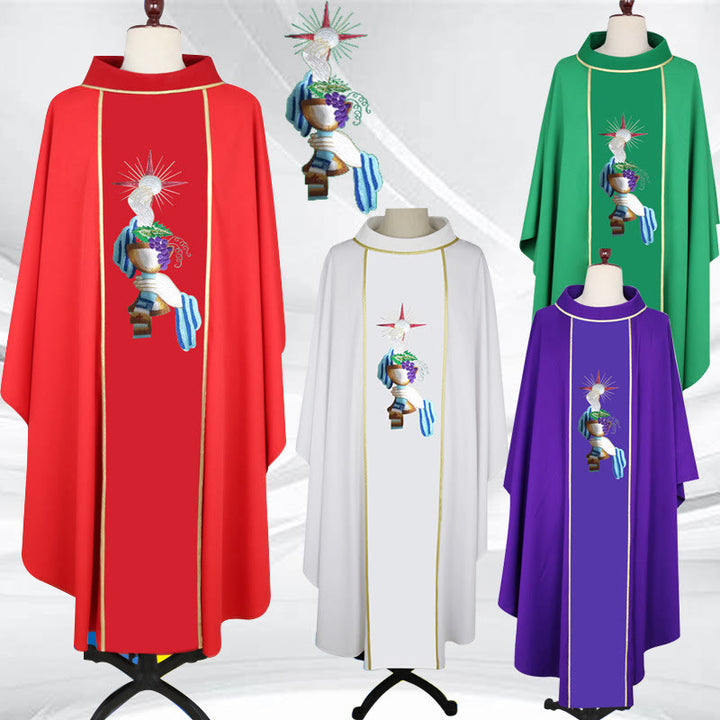 Christianartworkshop Chasuble à quatre couleurs ornée de motifs de calice, de raisin et de mains - Rouge - Taille unique convenant à la plupart des morphologies - image 0