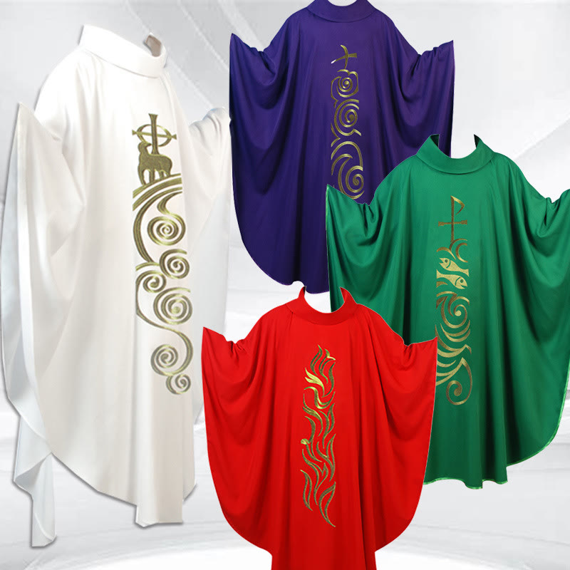 Christianartworkshop Chasuble élégante multicolore ornée d'un agneau doré et de spirales - Rouge - Taille unique convenant à la plupart des morphologies - image 0