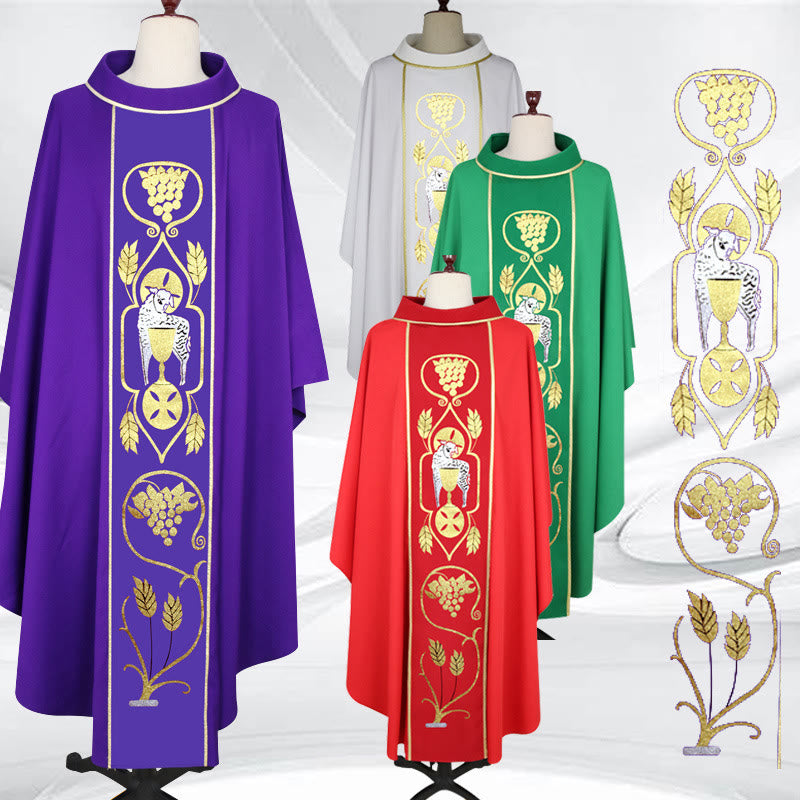 Christianartworkshop Ensemble de chasubles assorties de couleurs avec motifs d'agneau doré, de raisin et de calice - Rouge - Taille unique convenant à la plupart des personnes - image 0