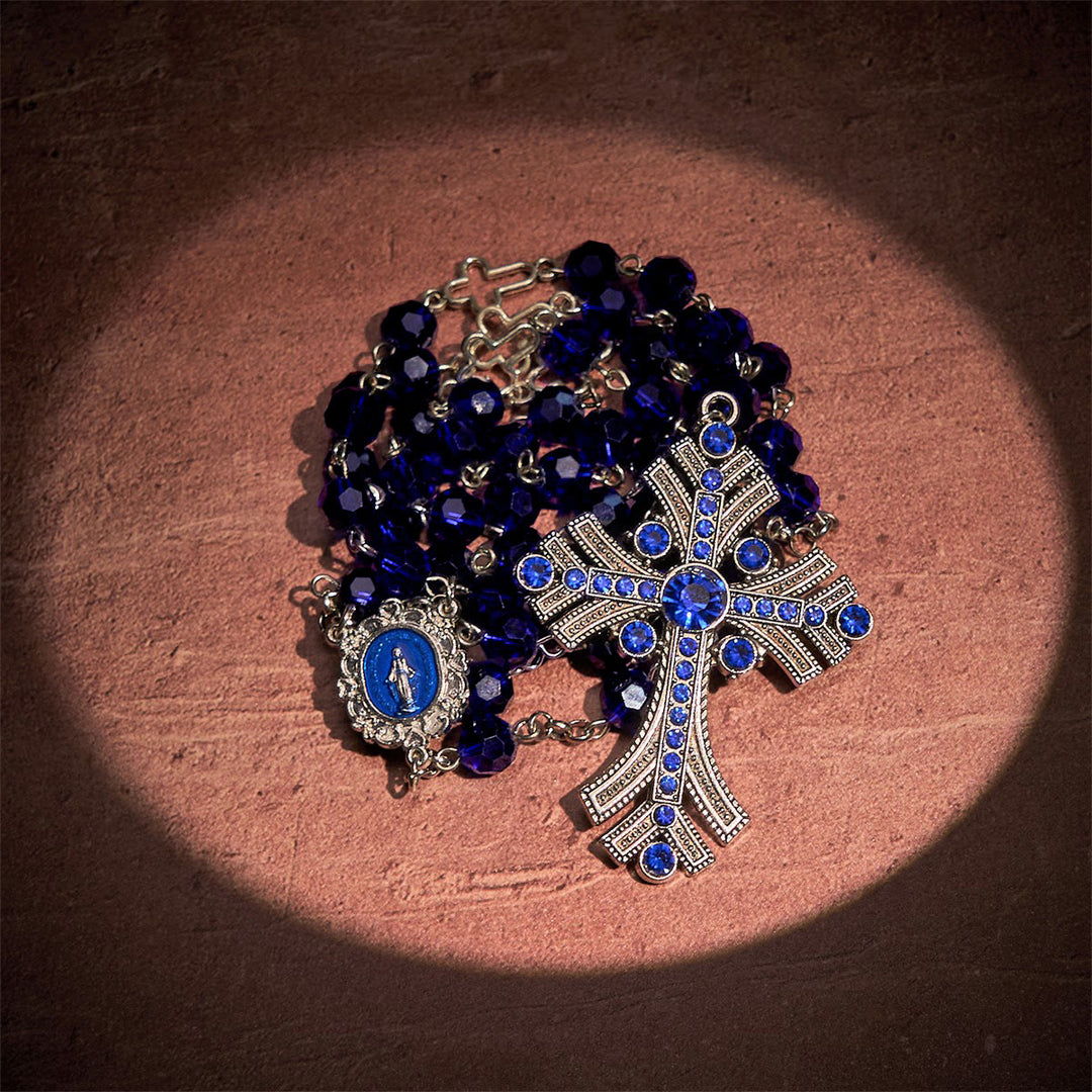 Christianartworkshop Chapelet miraculeux avec médaille et croix en polyèdre de 8 mm, en alliage de cristal bleu et chaîne. - image 6