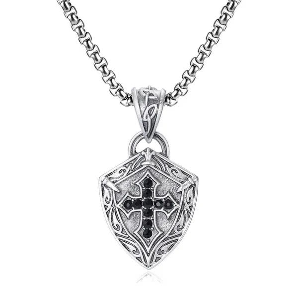 Christianartworkshop Collier crucifix orné en forme de bouclier avec incrustations de zircons noirs - Bouclier et croix - image 0