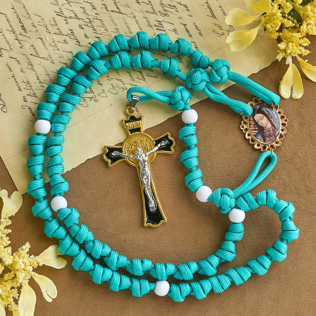 Christianartworkshop Chapelet turquoise vif à nœuds avec camée de Guadalupe : Prise en main ferme, concentration divine - paracorde - image 0