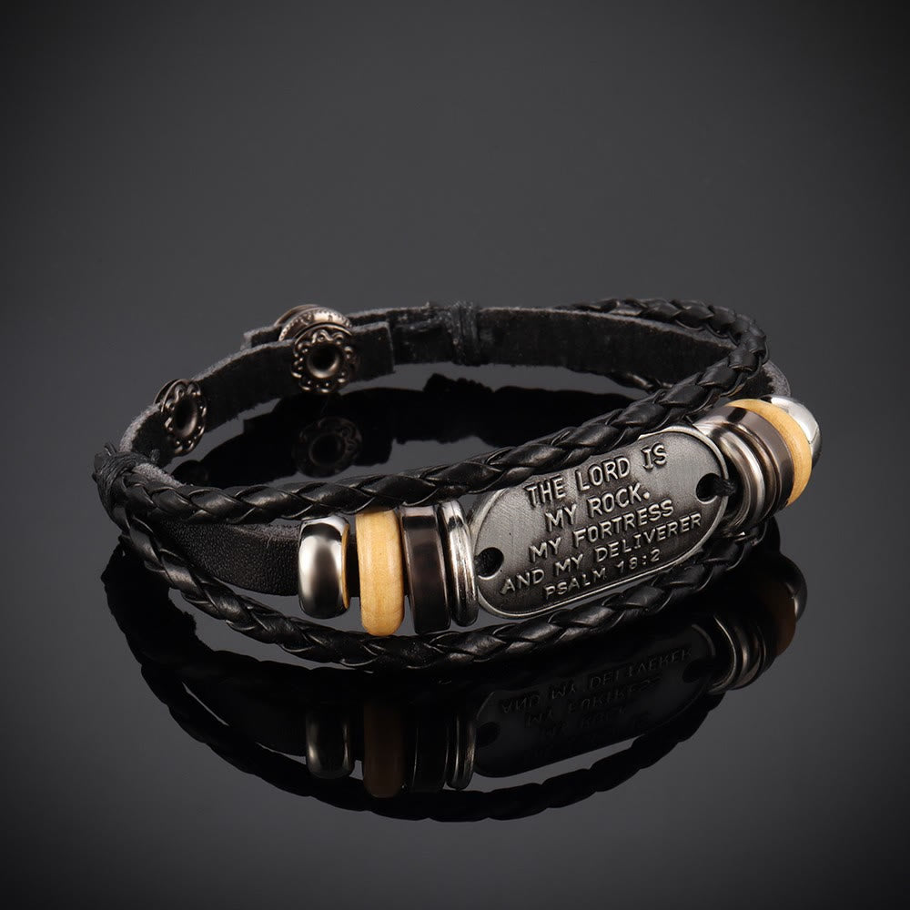 Bracelet en cuir tressé fait main par Christianartworkshop avec inscription du Psaume 18:2 - image 2